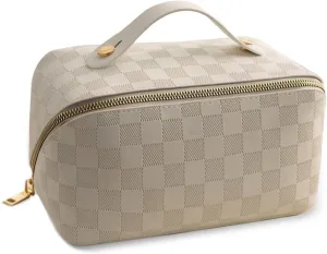 Cessfle Large Capacity Travel Cosmetic Bag Plaid Checkered Makeup Bag Portable Leather Waterproof Skincare Bag with Handle and Divider for Women 01-White