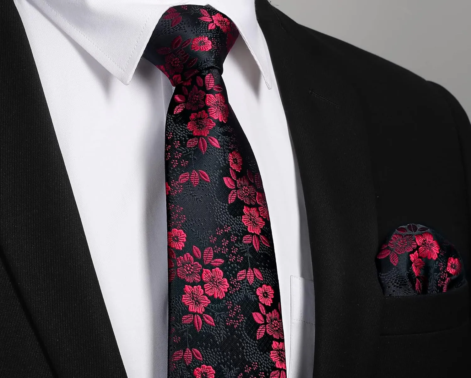 HISDERN Men Floral Ties Woven Classic 3.4" Necktie Set Formal tie Pocket Square for Wedding with Handkerchief Gift Box
