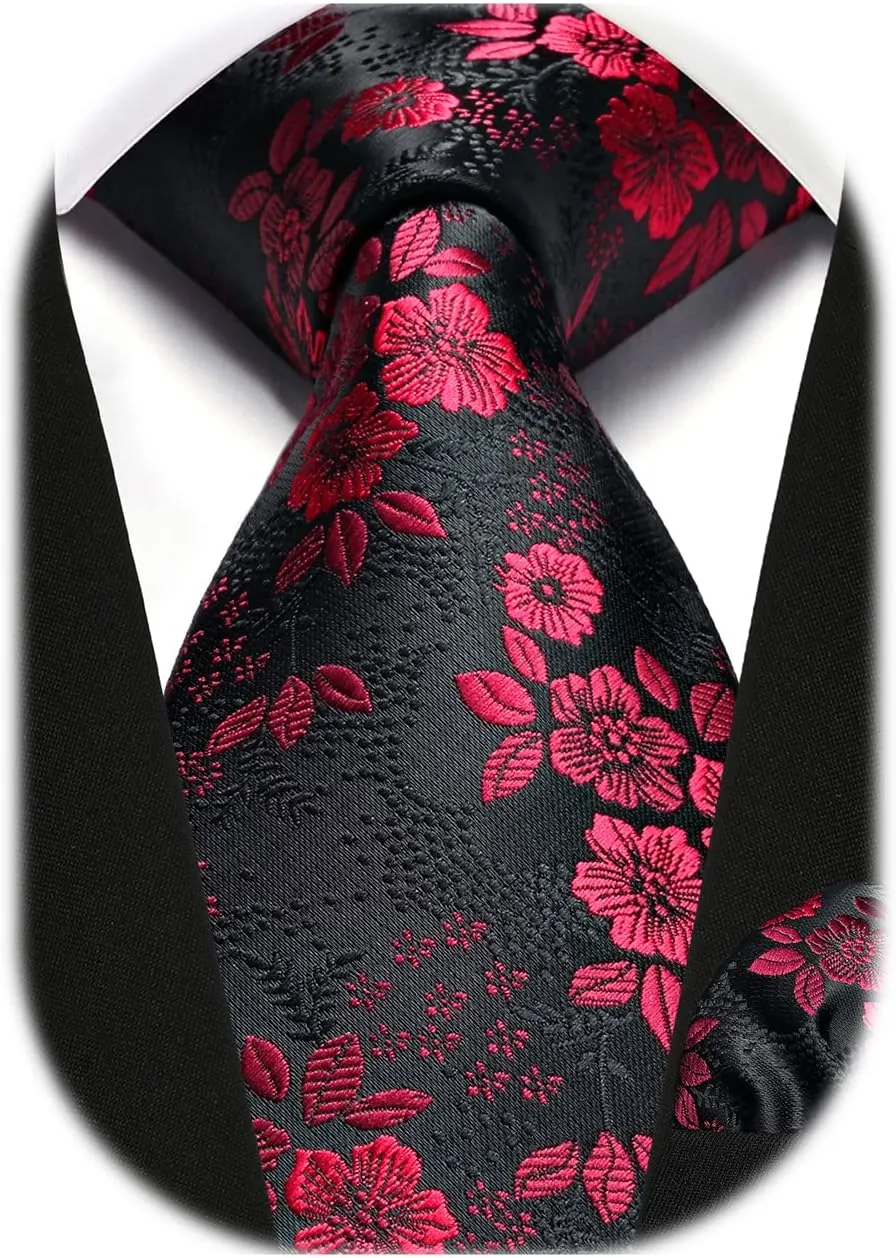 HISDERN Men Floral Ties Woven Classic 3.4" Necktie Set Formal tie Pocket Square for Wedding with Handkerchief Gift Box