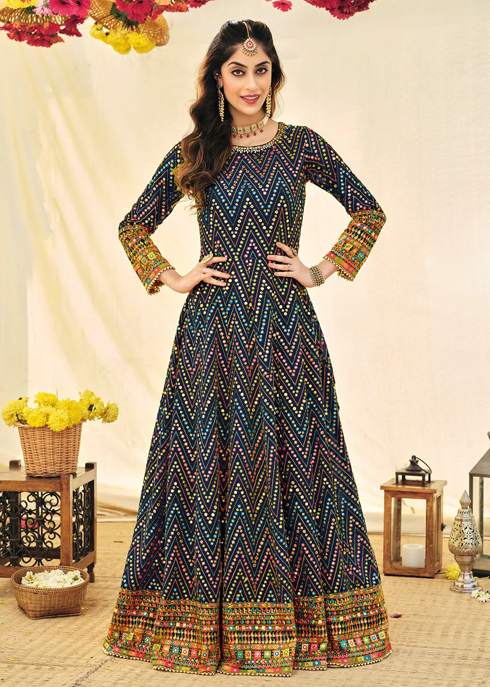Impressive Blue Embroidered Georgette Anarkali Suit