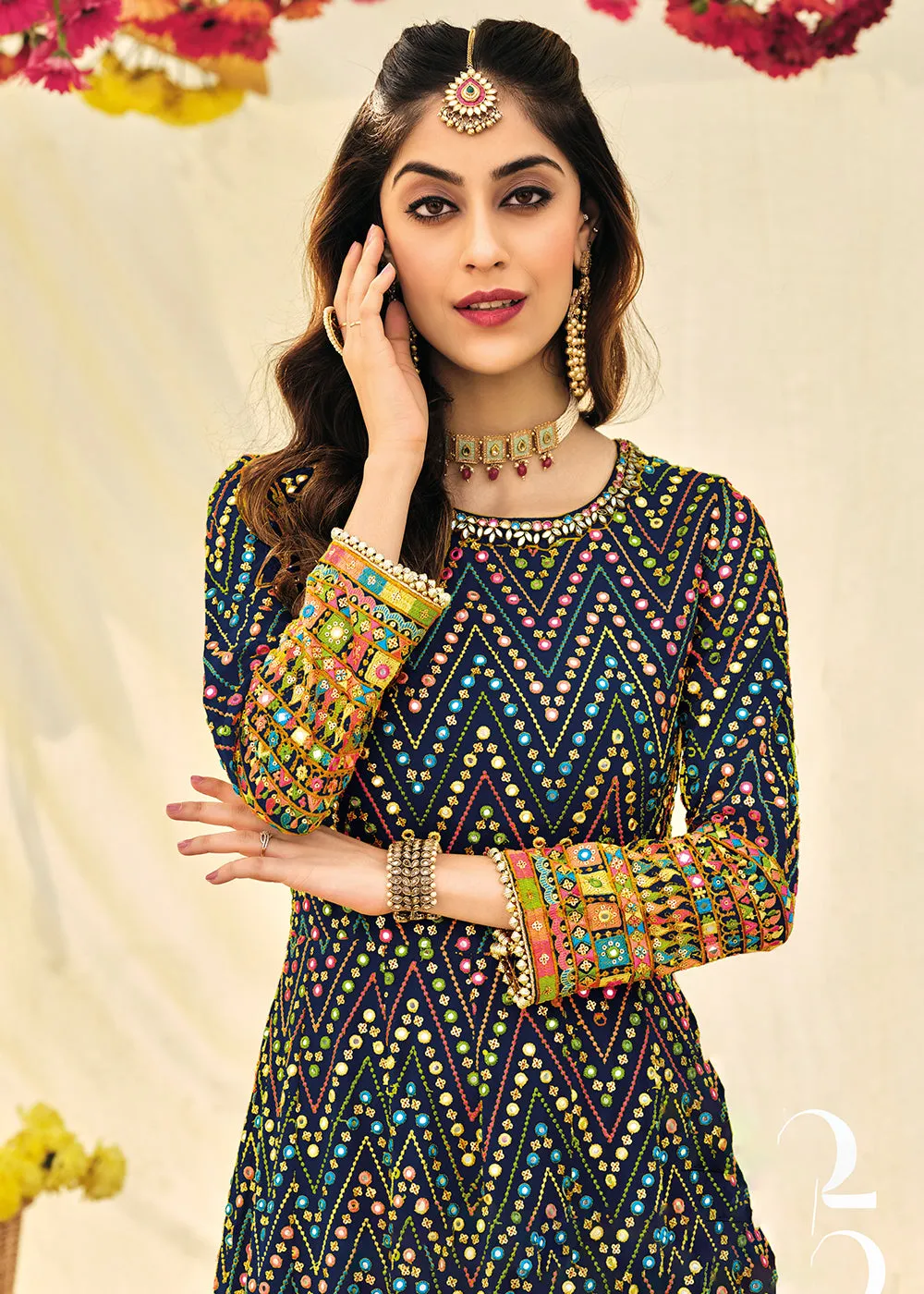 Impressive Blue Embroidered Georgette Anarkali Suit