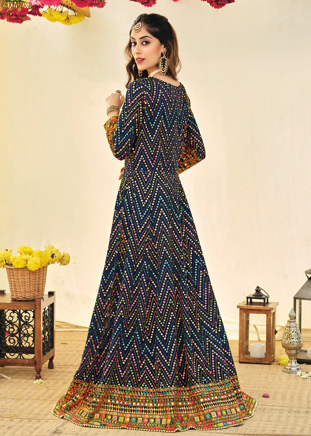 Impressive Blue Embroidered Georgette Anarkali Suit