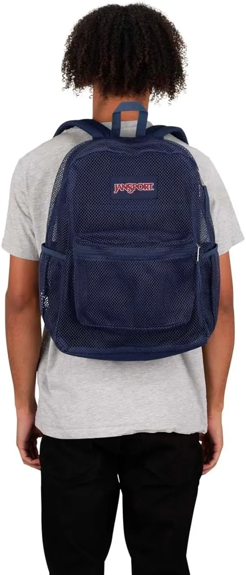 JanSport Eco Mesh Backpack, Red Tape, 17?? x 12.5?? x 6?? - Large Semi-Transparent Bag for Adults with Laptop Sleeve, Padded Back Panel, Navy