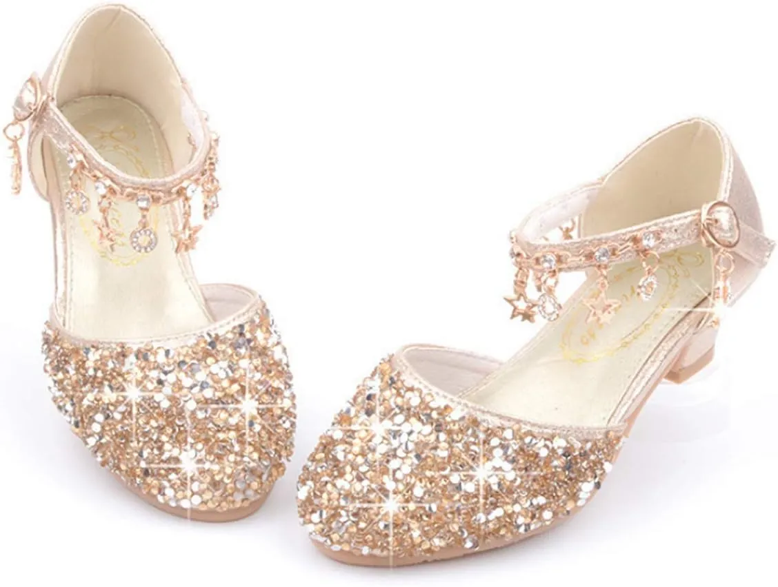 LFHT Little Kids Girls Dress Pumps Glitter Sequins Princess Low Heels Mary Jane Party Dance Shoes Rhinestone Sandals