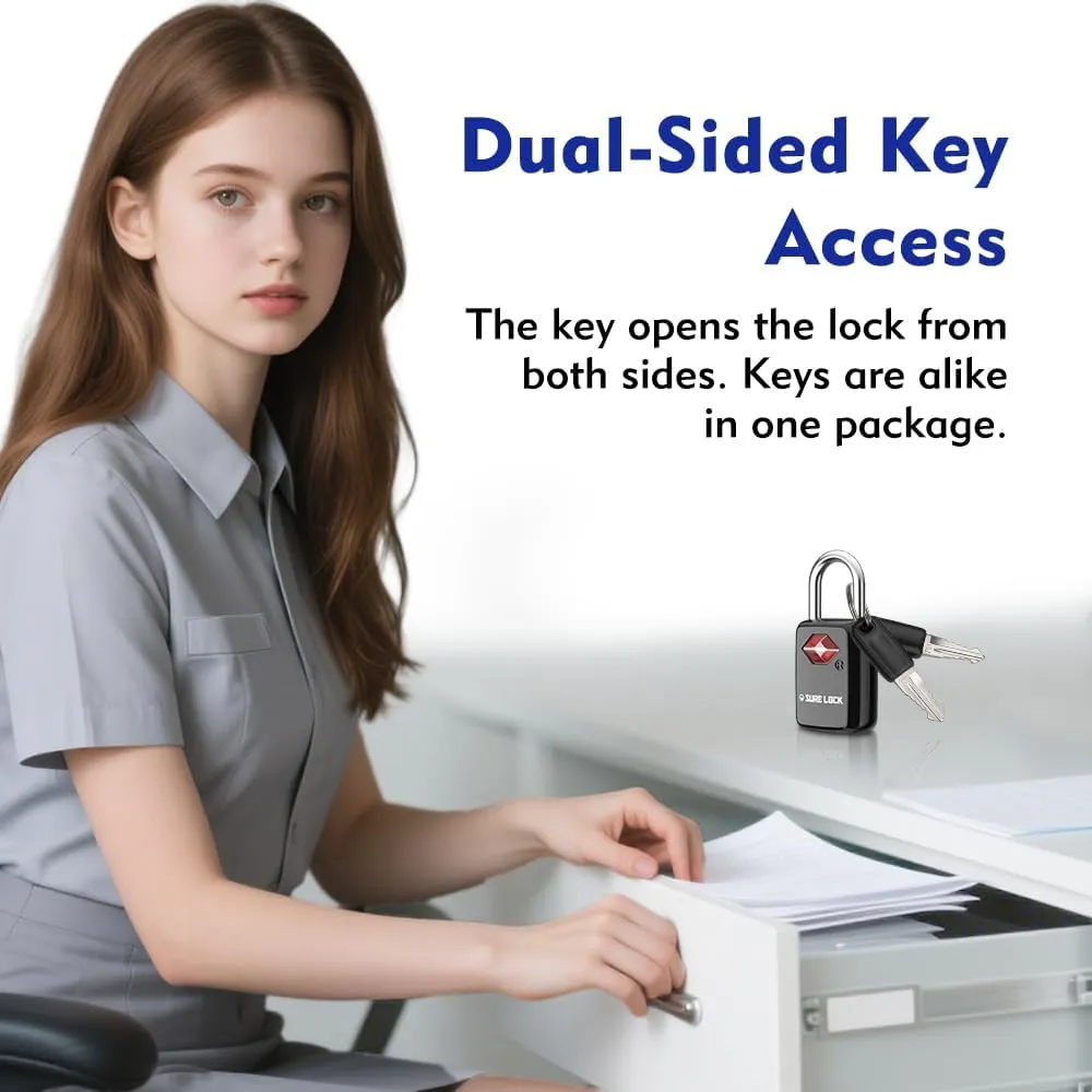 Sure Lock TSA Approved Luggage Locks Mini Size Lock with Keys for Travel, Zinc Alloy Body with Steel Shackle, Key Alike, Key Alike in The Same Package