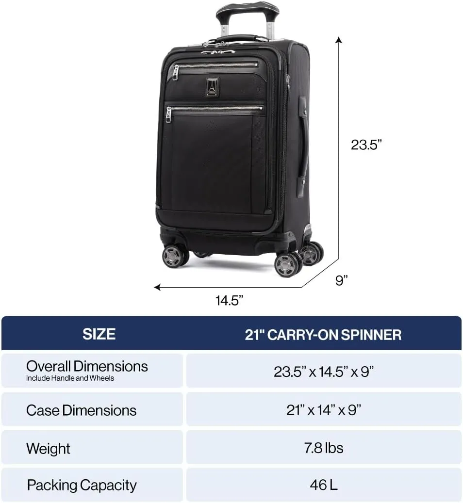 Travelpro Platinum Elite Softside Expandable Carry on Luggage, 8 Wheel Spinner Suitcase, USB Port, Suiter, Men and Women, Shadow Black, Carry On 21-Inch