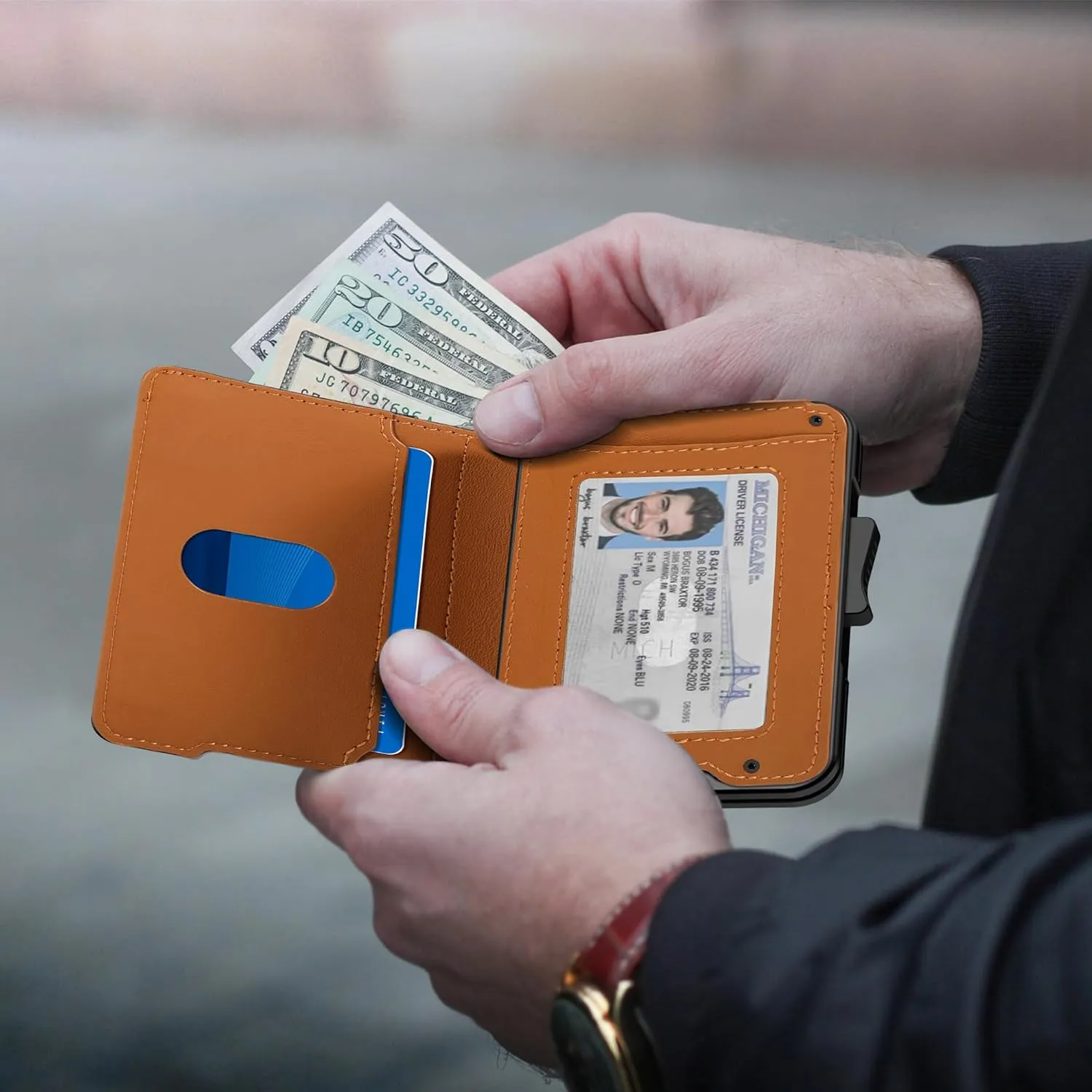 Wallet for Men - Pop Up Case, Cash Slot, and Credit Card Wallet - Slim Minimalist Aluminum Front Pocket Wallet with RFID Blocking/ID Window (Brown)
