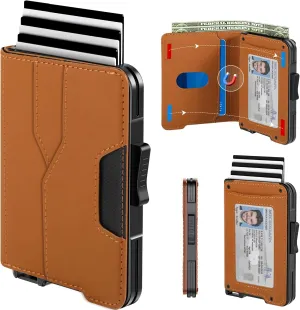 Wallet for Men - Pop Up Case, Cash Slot, and Credit Card Wallet - Slim Minimalist Aluminum Front Pocket Wallet with RFID Blocking/ID Window (Brown)