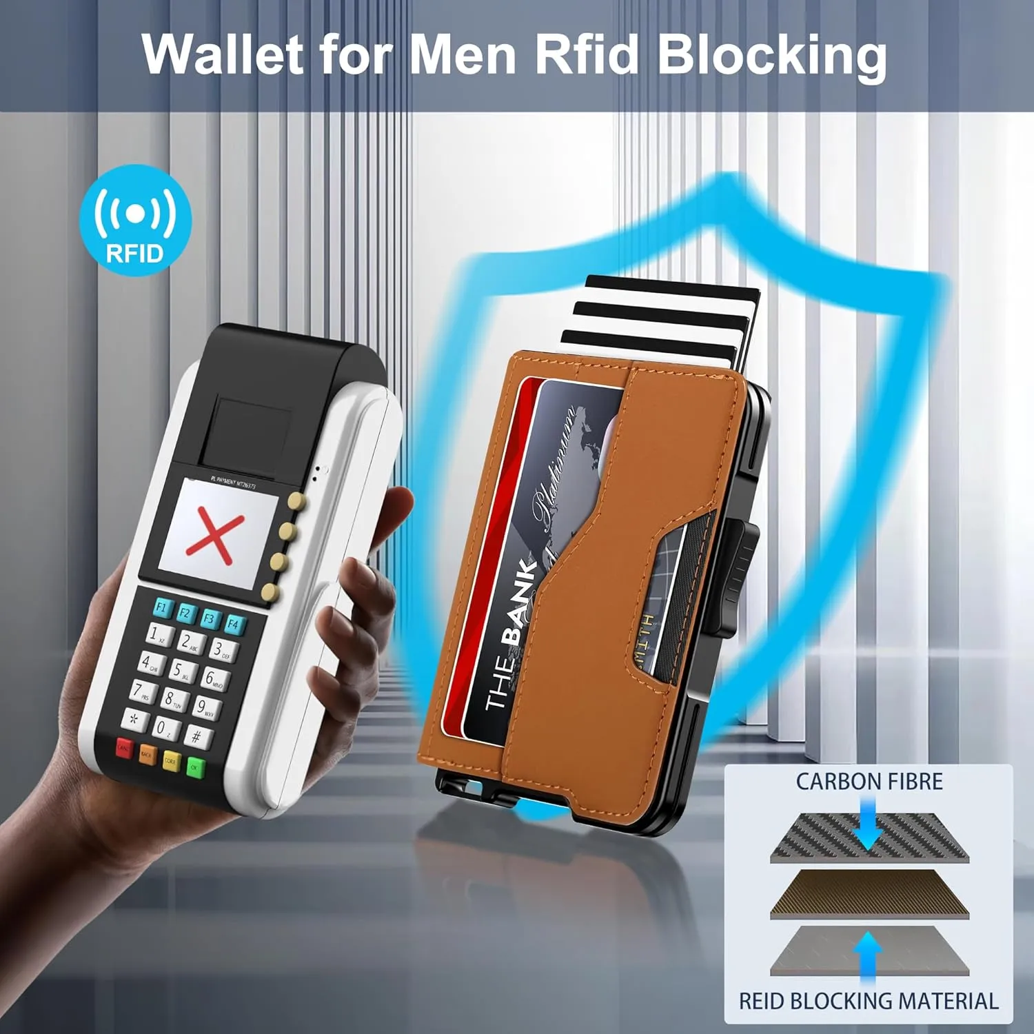 Wallet for Men - Pop Up Case, Cash Slot, and Credit Card Wallet - Slim Minimalist Aluminum Front Pocket Wallet with RFID Blocking/ID Window (Brown)