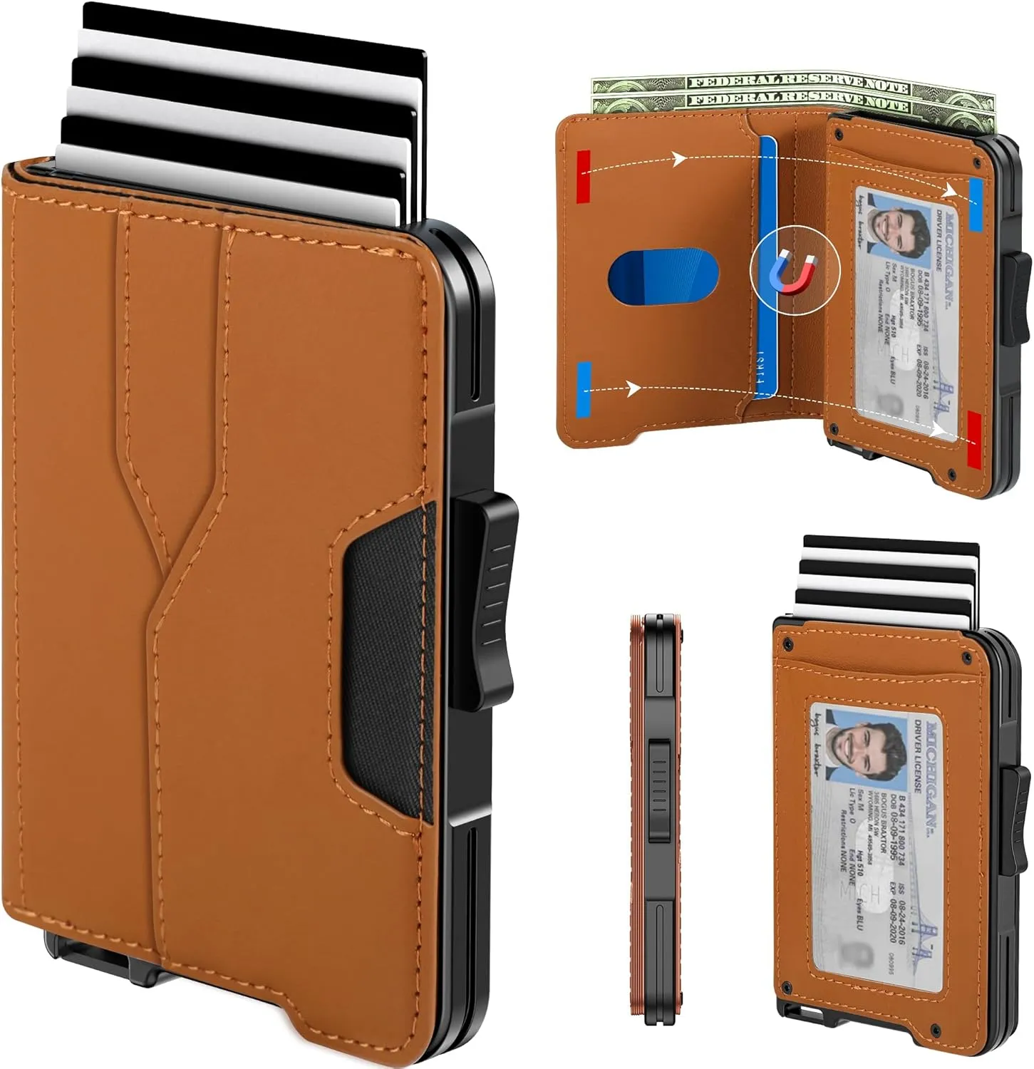 Wallet for Men - Pop Up Case, Cash Slot, and Credit Card Wallet - Slim Minimalist Aluminum Front Pocket Wallet with RFID Blocking/ID Window (Brown)
