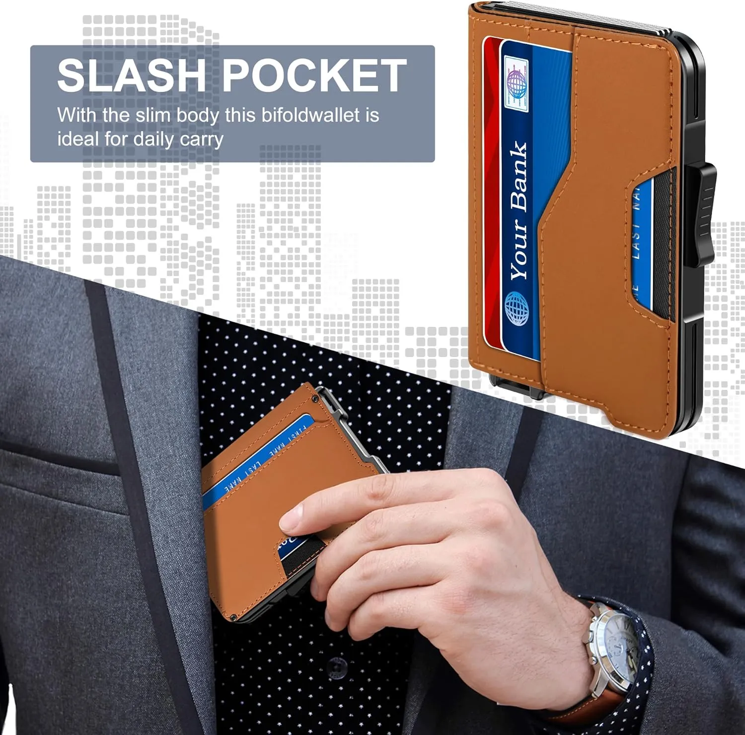 Wallet for Men - Pop Up Case, Cash Slot, and Credit Card Wallet - Slim Minimalist Aluminum Front Pocket Wallet with RFID Blocking/ID Window (Brown)